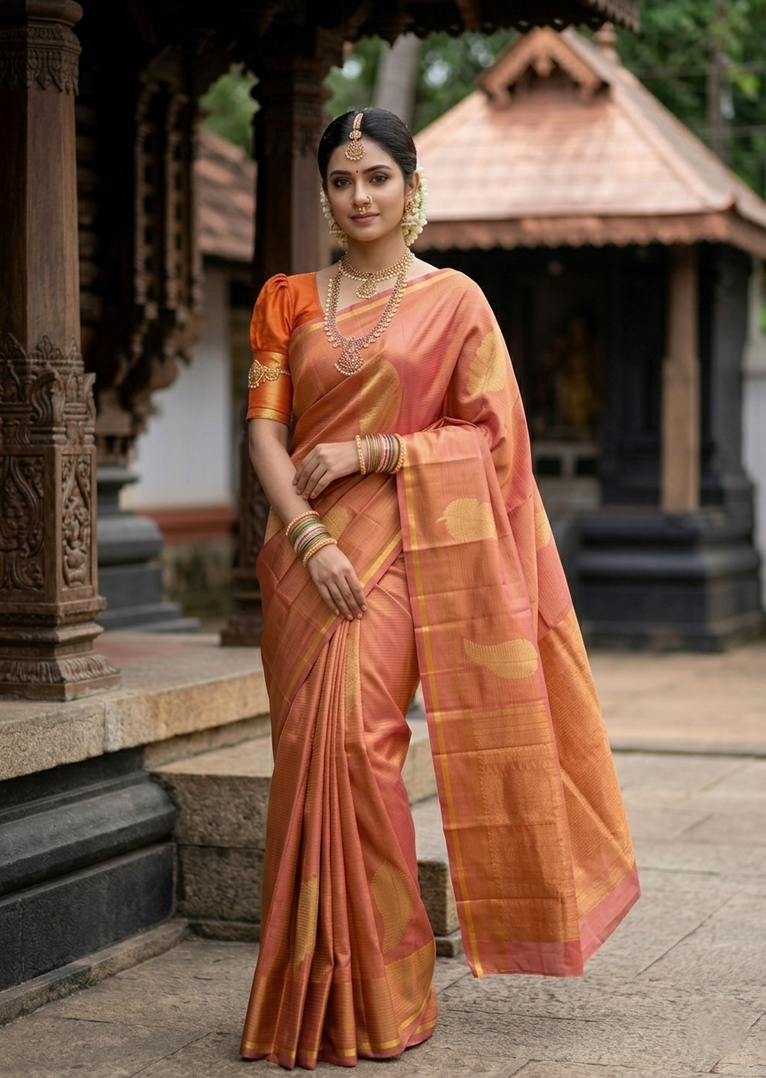 Southloom Pure Handloom Bridal Kanchipuram Silk Saree with Korvai Work(Orange)