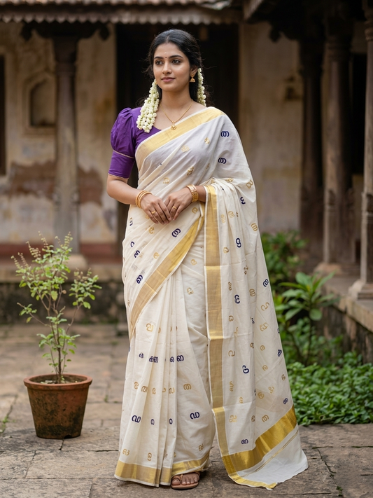 Southloom Kerala Cotton Kasavu Saree with Gold and Violet Malayalam Aksharamala Embroidery Work on Body