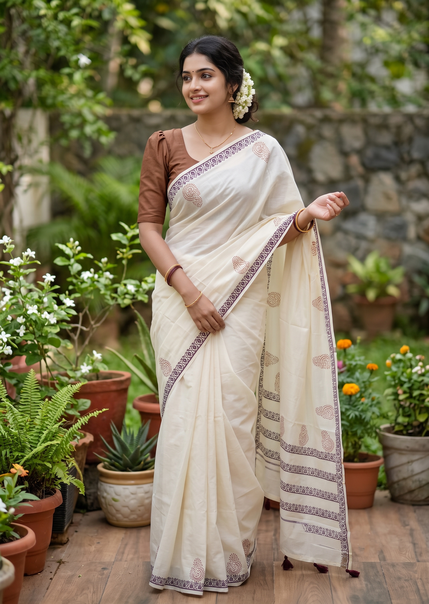 Southloom Kerala Cotton Saree with With Floral Digital Prints on Dark Purple& Mustard Yellow Borders SL521