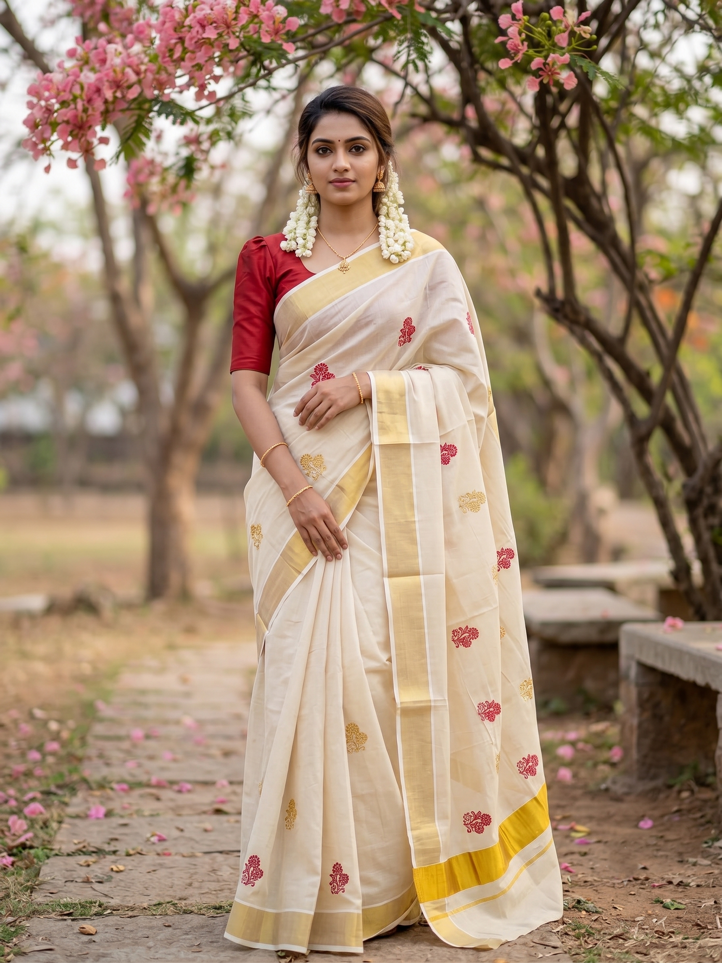 Southloom Kerala Tissue Kasavu Saree with Gold And Red Floral Embroidery Work on Body