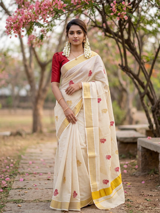Southloom Kerala Tissue Kasavu Saree with Gold And Red Floral Embroidery Work on Body
