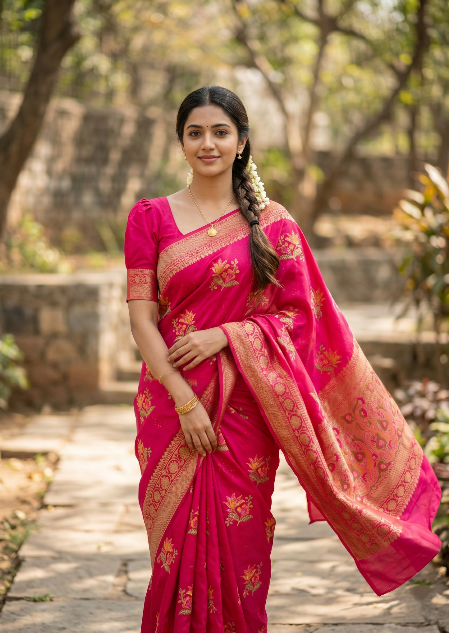 Southloom Pure Banarasi Silk Saree with Woven Work on Body and Borders (Rani Pink)