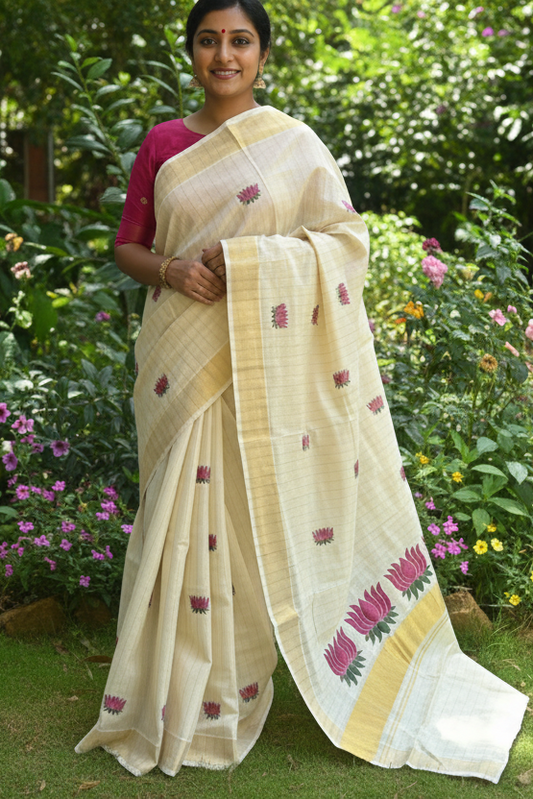 Kerala Tissue Kasavu Lines Saree With Purple Lotus Embroidery SL172