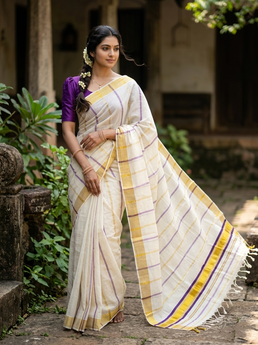 Southloom Kerala Cotton Kasavu Saree with Gold And Violet Lines on Body