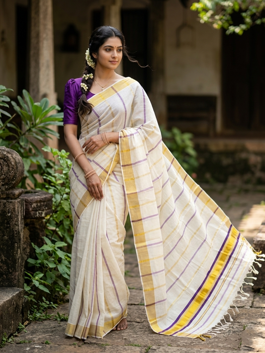 Southloom Kerala Cotton Kasavu Saree with Gold And Violet Lines on Body