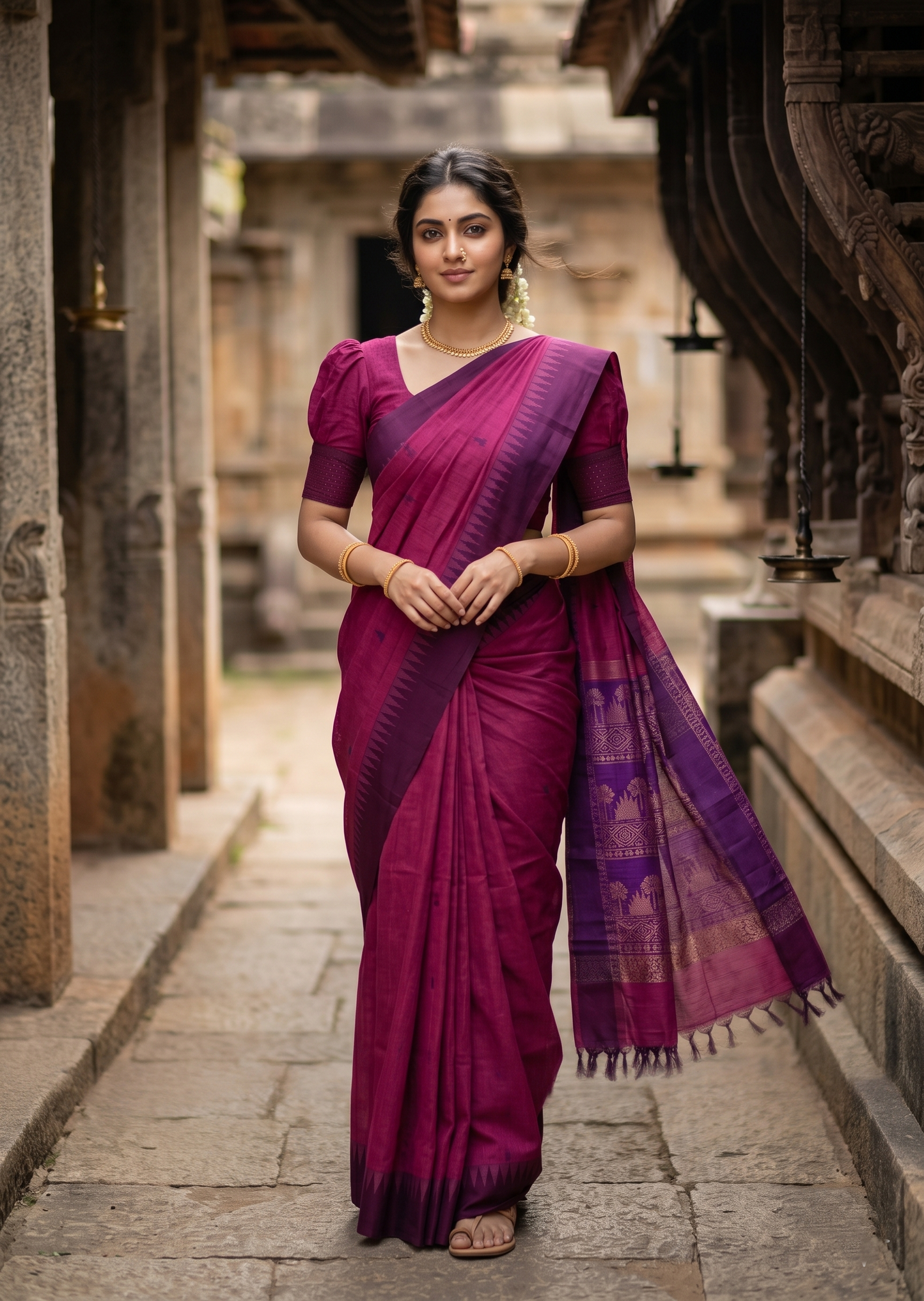 Southloom Kalyani Cotton Saree In Magenta And Purple With Woven Work on the Body and Borders