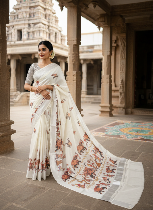 Southloom Kerala Tissue Silver Kasavu Saree With Mural Festival Parasol and Elephant Design