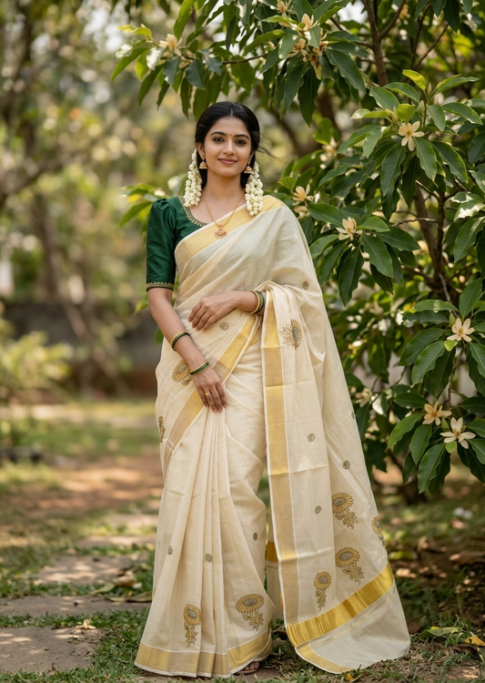 Southloom Kerala Tissue Kasavu Plain Saree with Green &Gold Floral embroidery work