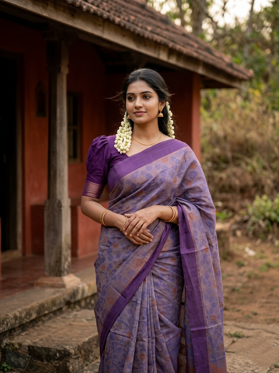Southloom Kerala Cotton Saree with Floral Woven Works Across Body in Violet