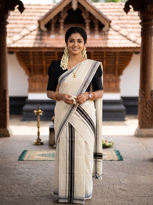 Southloom Kerala Cotton Mundum Neriyathum Single (Set Mundu) with Silver Kasavu and Black Border 2.80 Mtrs SLKK SL525