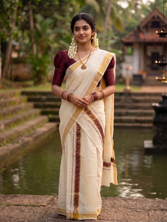 Southloom Kerala Pure Cotton Set mundu  (Mundum Neriyathum) with Maroon Block Prints on Kasavu Border-2.80Mtrs SL426