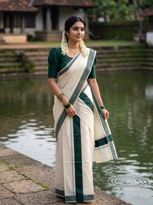 Southloom Kerala Cotton Mundum Neriyathum Single (Set Mundu) with Green Border 2.80 Mtrs