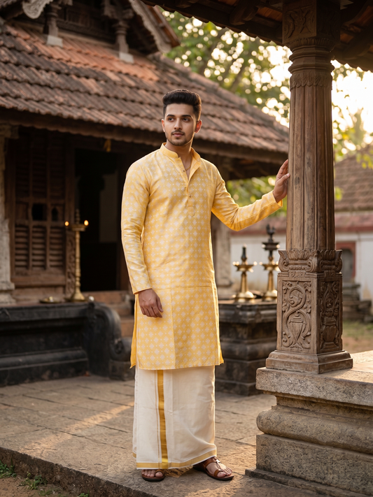 Southloom Yellow Woven Semi Silk Short Kurta for Men SL590