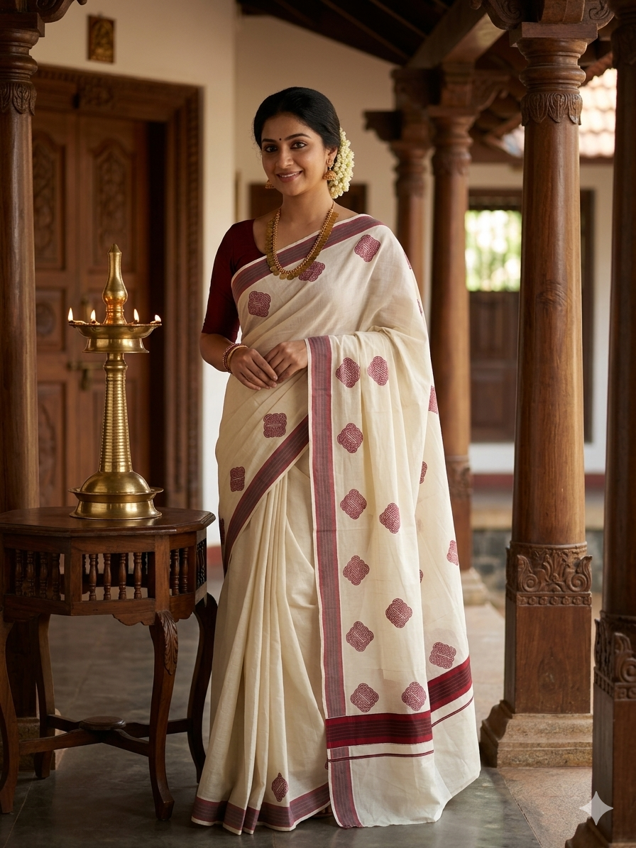 Kerala Cotton Maroon Colour Printed Saree SL177