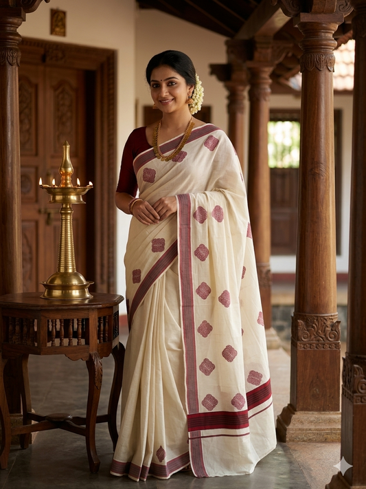 Kerala Cotton Maroon Colour Printed Saree SL177