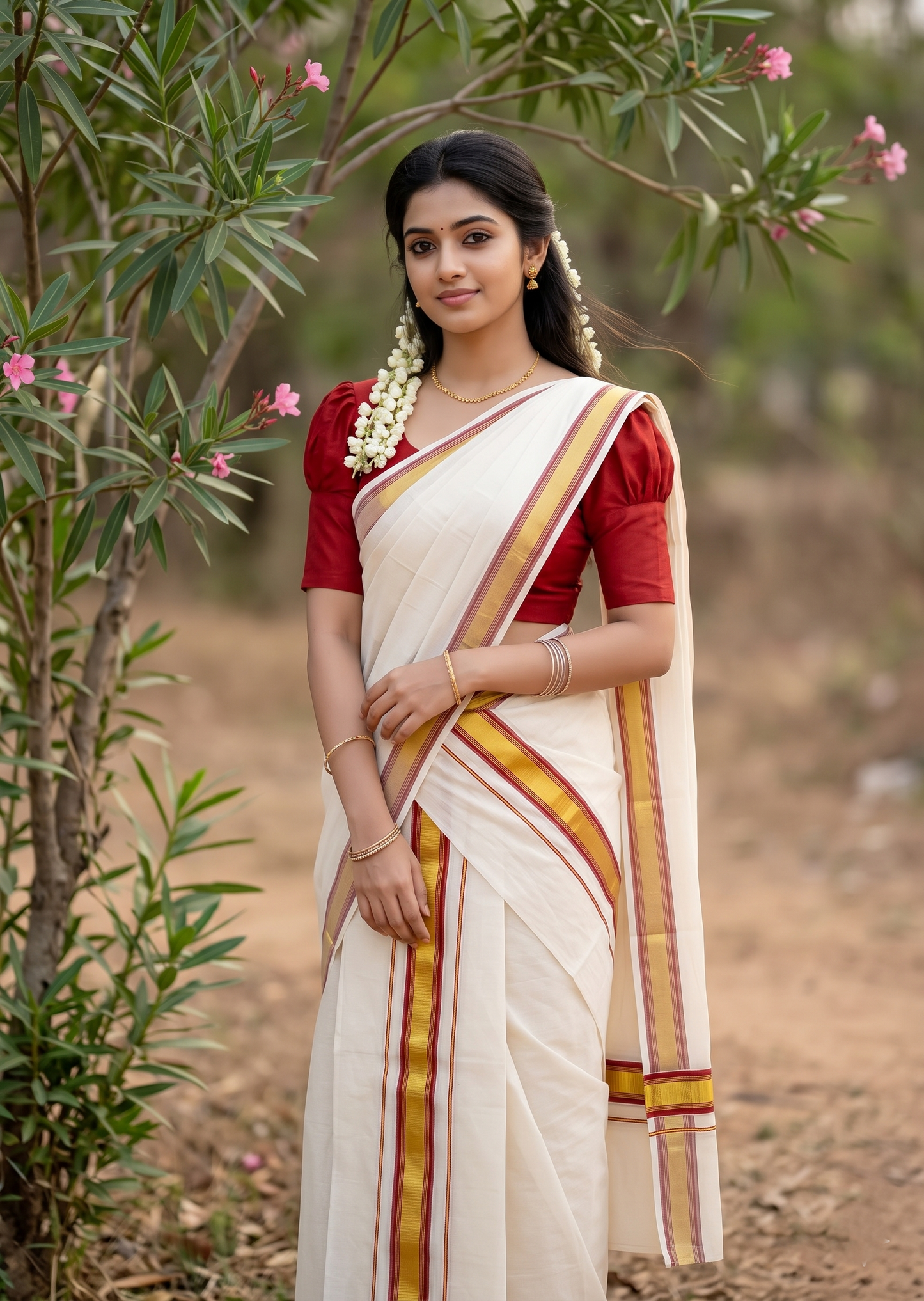 Kerala Cotton Set Mundu (Mundum Neriyathum) with Kasavu and Red Border 2.80 Mtrs SLKK SL470