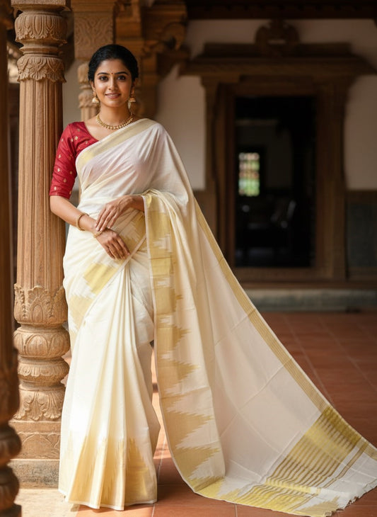 Southloom Pure Cotton Kerala Kasavu Saree with Temple Border