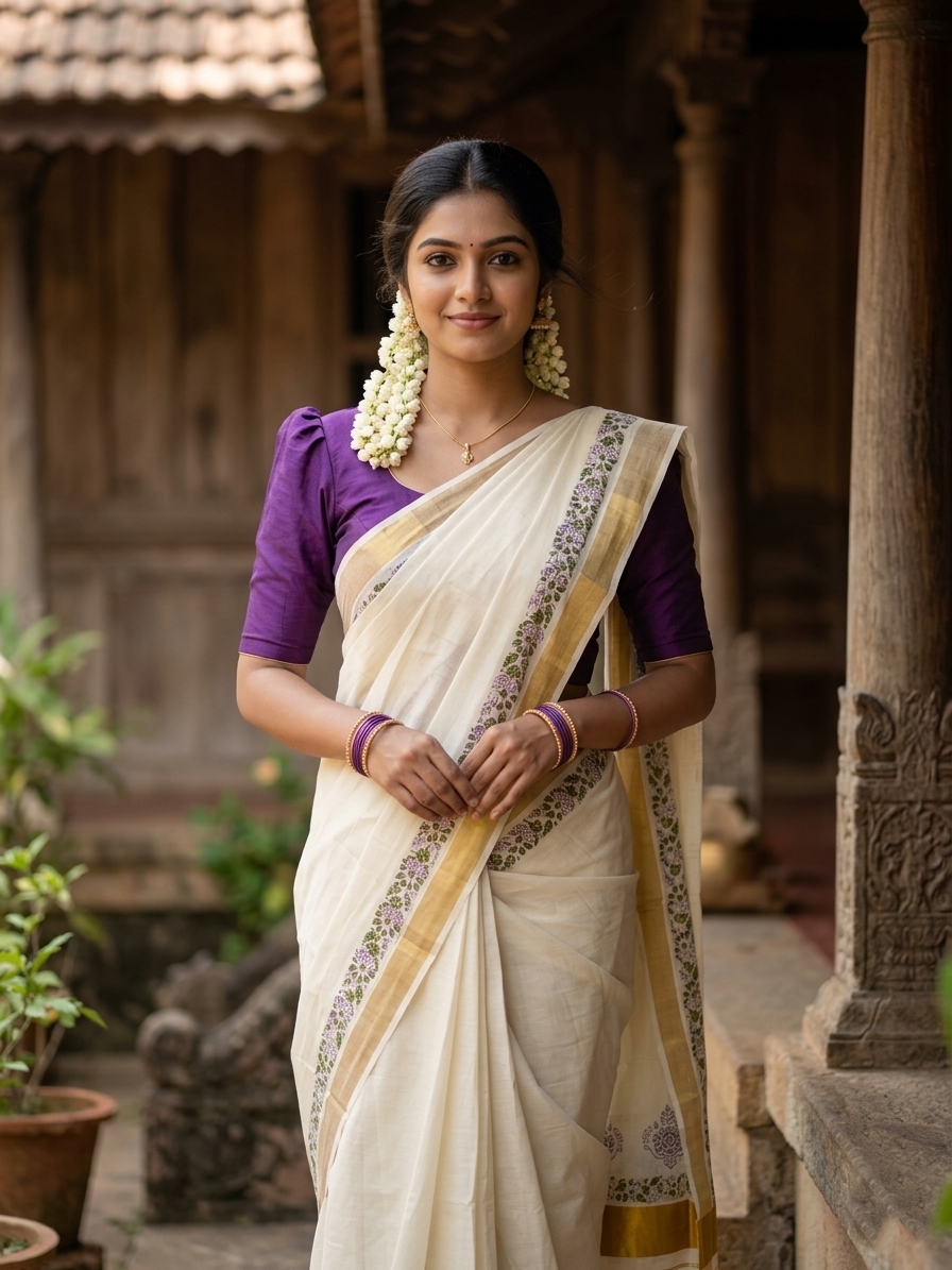 Southloom Cotton Kerala Kasavu Saree with Green Block Prints On Border