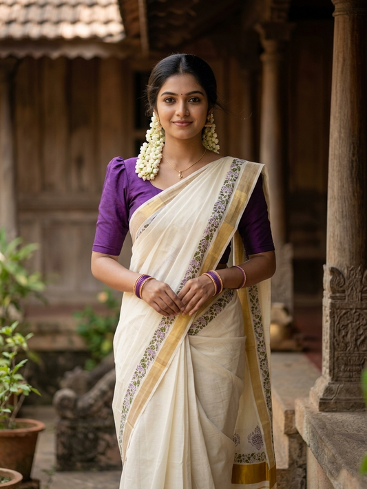 Southloom Cotton Kerala Kasavu Saree with Green Block Prints On Border