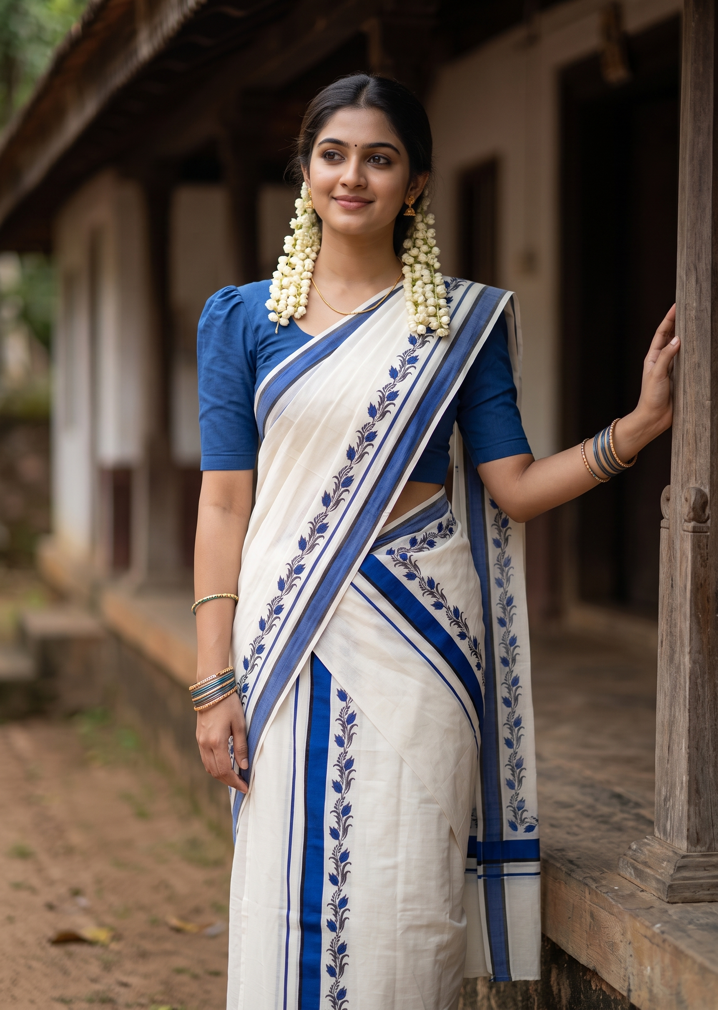 Southloom Pure Cotton Kerala Single Set Mundu (Mundum Neriyathum) with Digital Prints in Blue 2.75 Mtrs SL538
