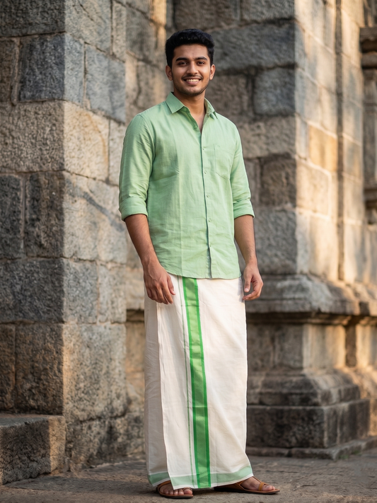 Southloom Kerala Pure Cotton Double Mundu with Silver Lines & Green Border (South Indian Dhoti)