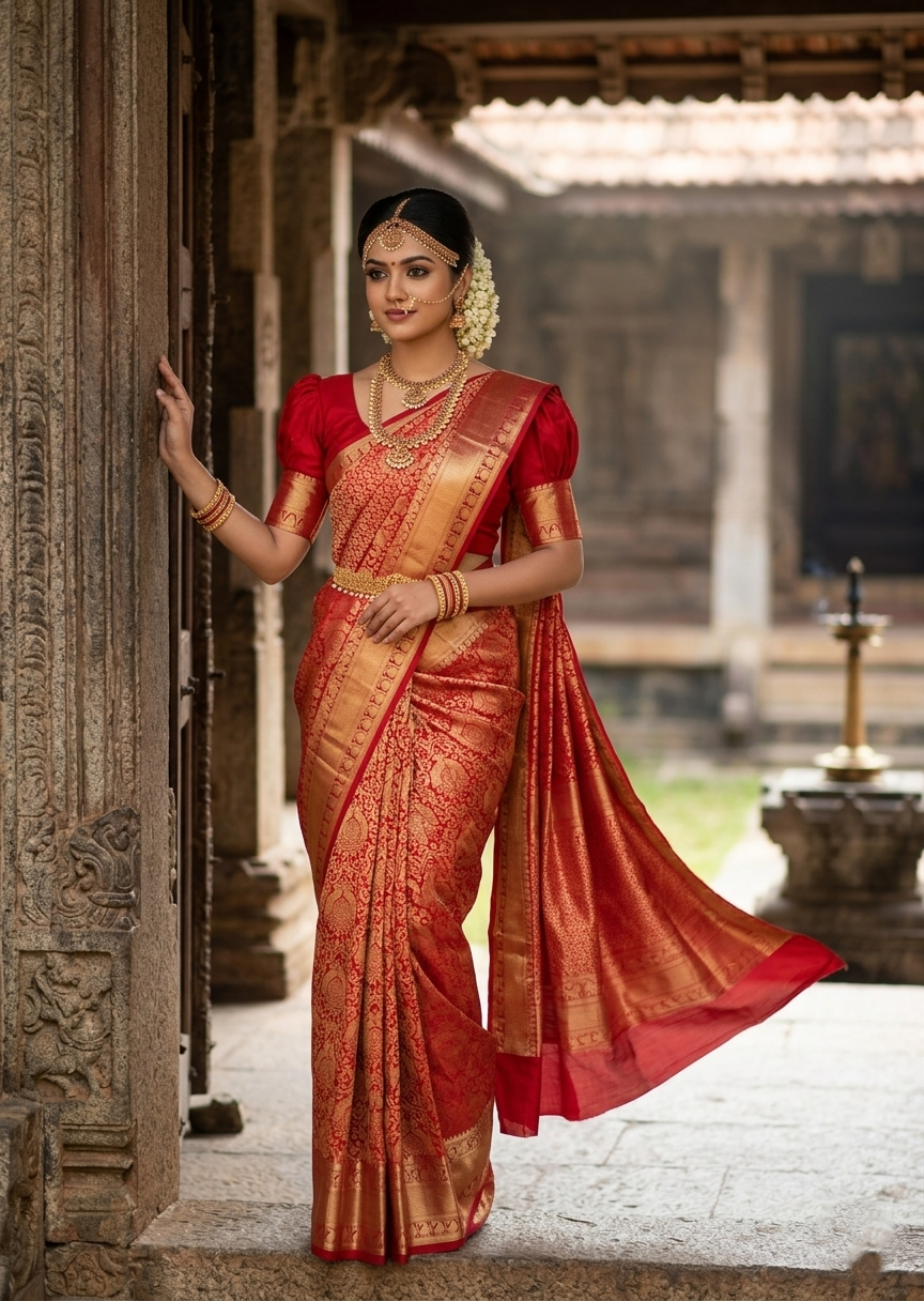 Southloom Premium Handloom Bridal Kanchipuram Silk Saree with Korvai Work