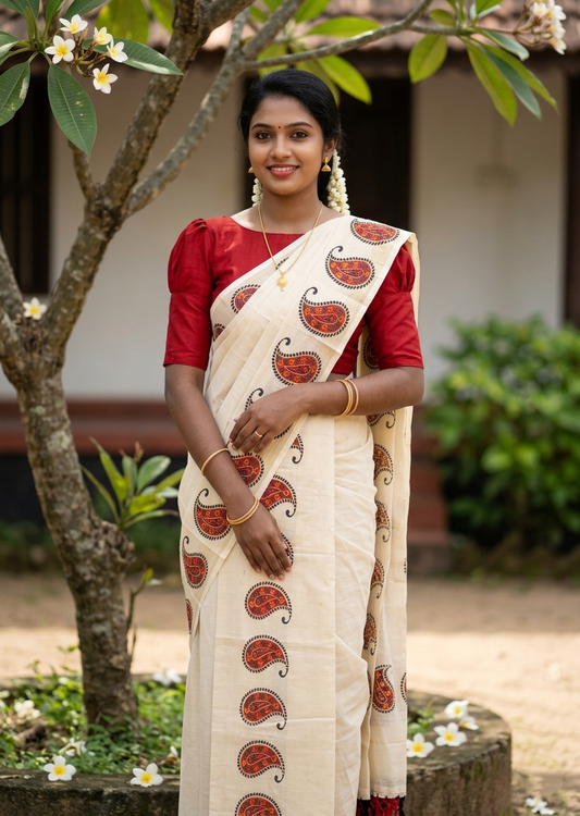 Southloom Tissue Single Set Mundu (Mundu Neriyathum) With Digital Floral Print in Red and Black 2.80 Mtrs SL397