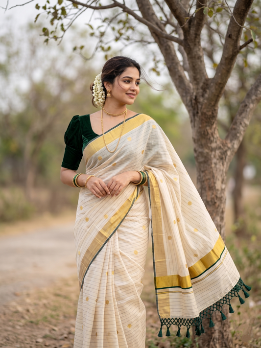 Southloom Kerala Tissue Kasavu Saree with Gold Polka Embroidery Works on Body in Green