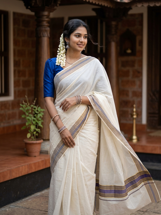 Pure Cotton Kerala Saree with Dark Blue and Kasavu Lines Border and Pallu