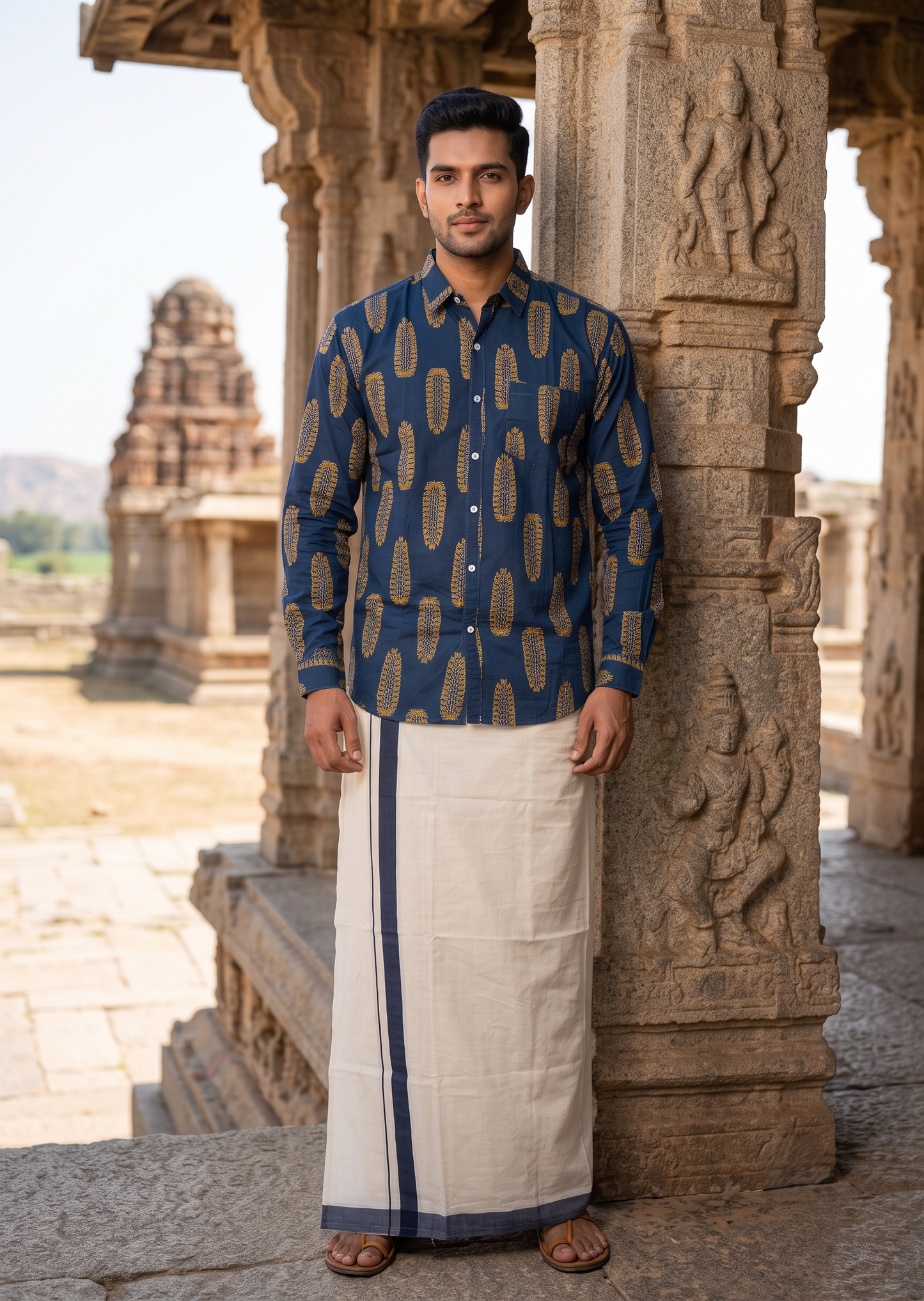 Southloom Cotton Jaipur Printed Men's Combo Full Sleeve (Shirt + Mundu) SLCOMBO SL564