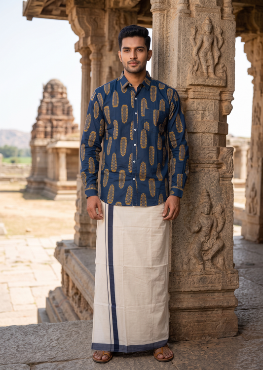Southloom Cotton Jaipur Printed Men's Combo Full Sleeve (Shirt + Mundu) SLCOMBO SL564