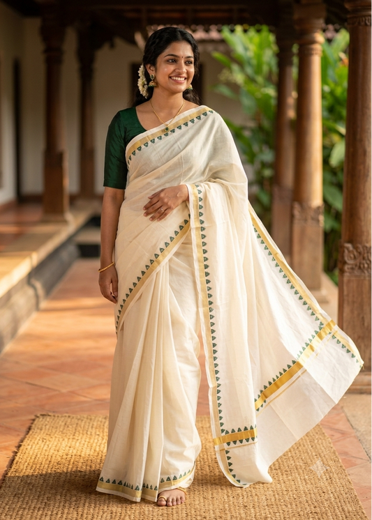 Southloom Kerala Cotton Kasavu Saree With Green Printed Design On Borders