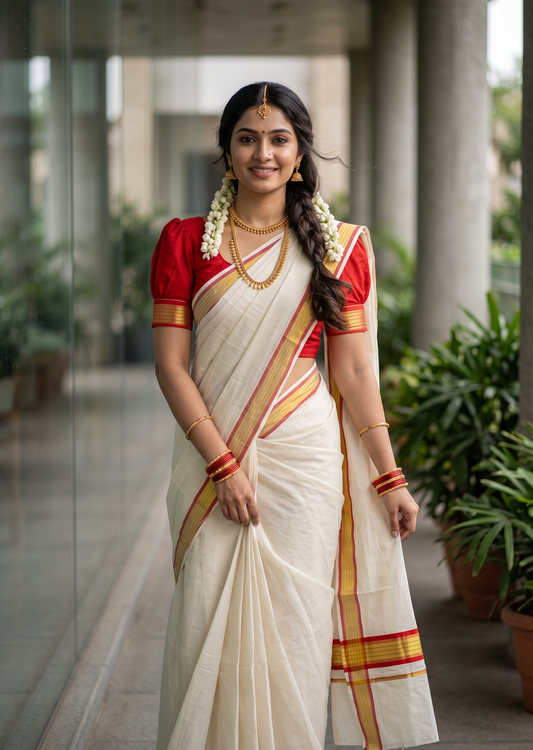Southloom Super Premium Balaramapuram Handloom Cotton Saree with Gold& Red Borders