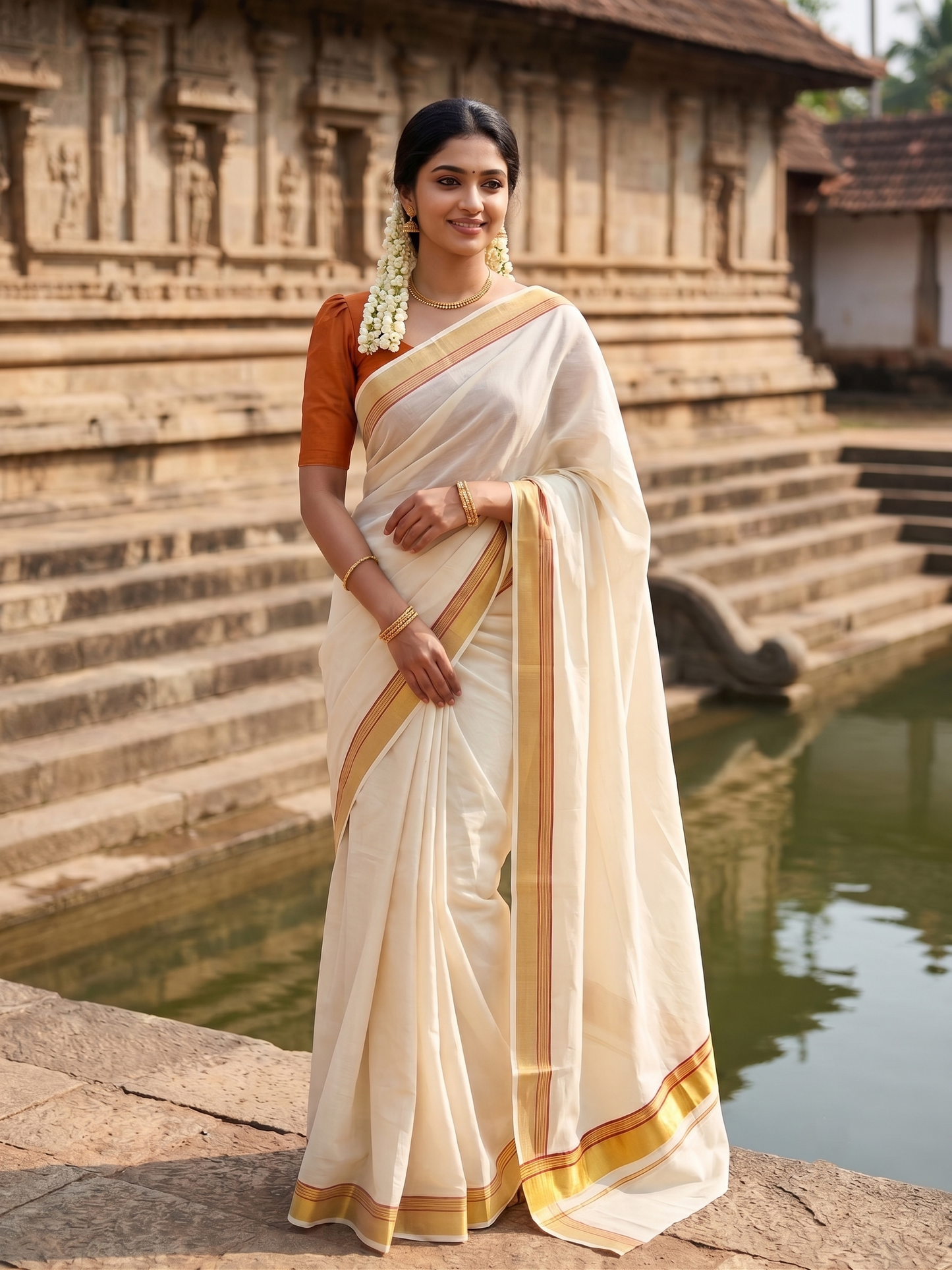 Southloom Pure Cotton Kerala Saree with Kasavu and Orange Border