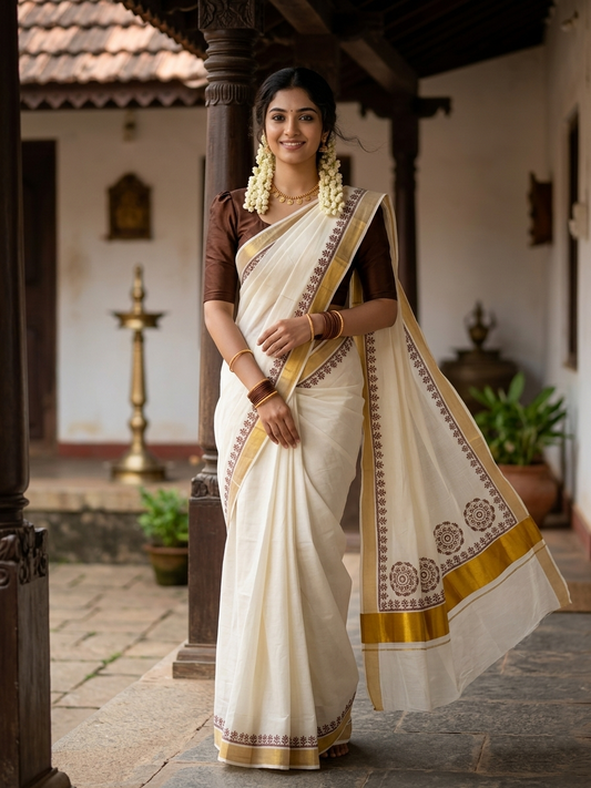 Southloom Cotton Kerala Kasavu Saree with Brown and Maroon Block Prints On Border