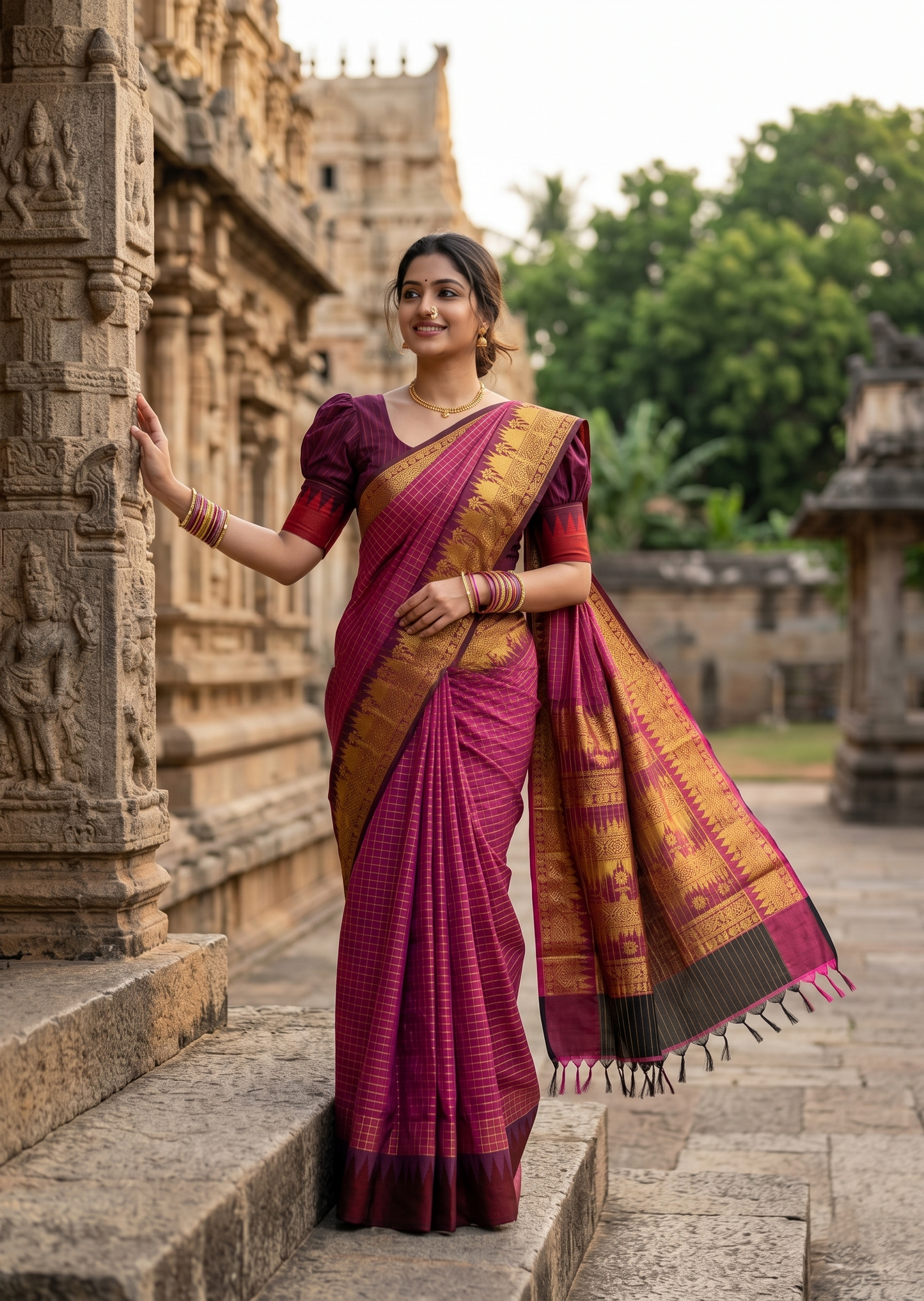 Southloom Kalyani Cotton check Saree In Onion Pink And Maroon With Woven Work on the Body and Borders