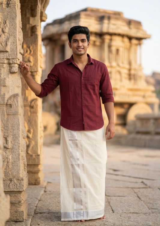 Southloom Kerala Pure Cotton Double Mundu with Silver Lines and Silver Border (South Indian Dhoti)
