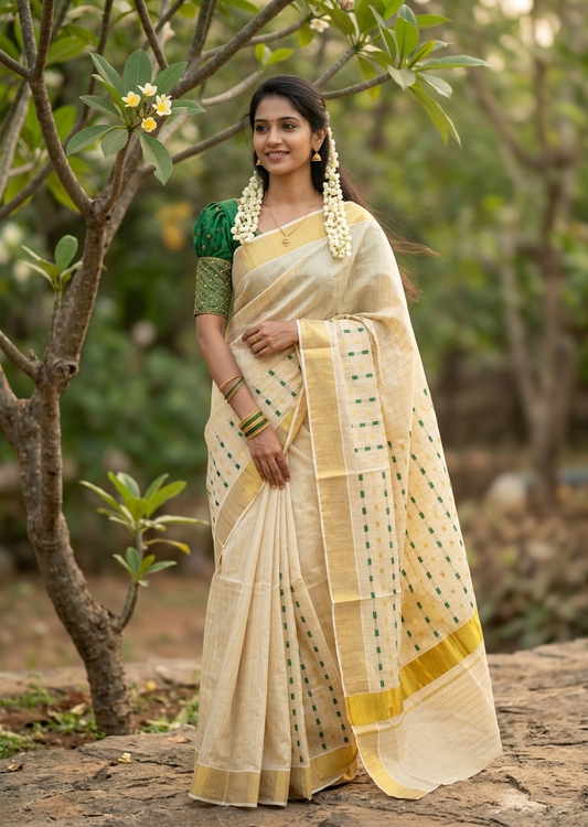 Southloom Tissue Kerala Kasavu Saree with Green & Gold Embroidery Designs on Body