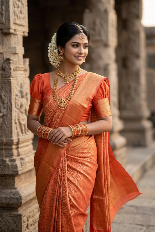 Southloom Premium Semi Silk Zari Work Brocade Saree in Bridal Orange with Matching Pallu