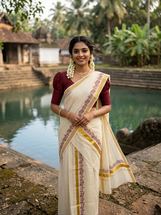 Southloom Pure Cotton Kerala Single Floral Print Set Mundu (Mundum Neriyathum) Maroon Border in 2.80 mtrs SL245