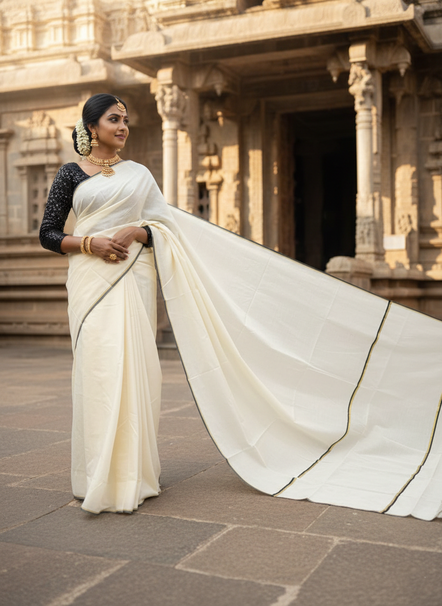 Southloom Puliyilakkara Black and Gold Kasavu Kerala Saree with Woven Blouse