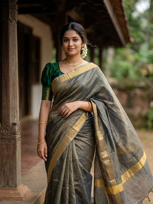 Southloom Kerala Tissue Green Plain Saree With Golden Border