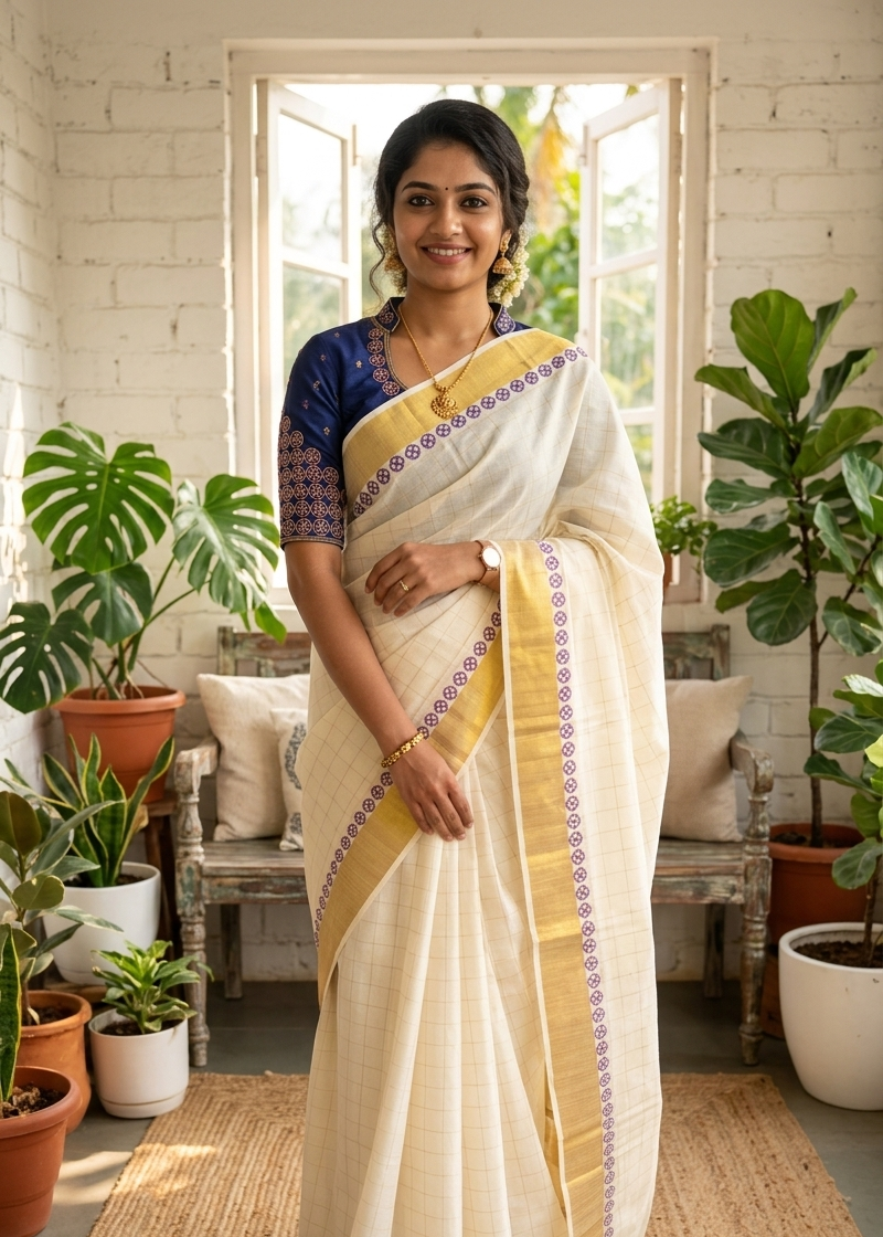 Kerala Cotton Check Printed Saree Without Tassels SL165
