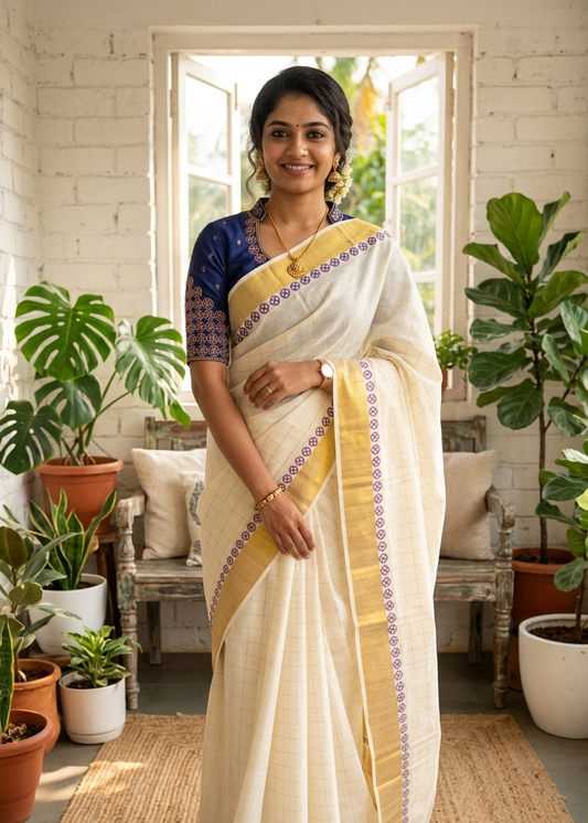 Kerala Cotton Check Printed Saree Without Tassels SL165