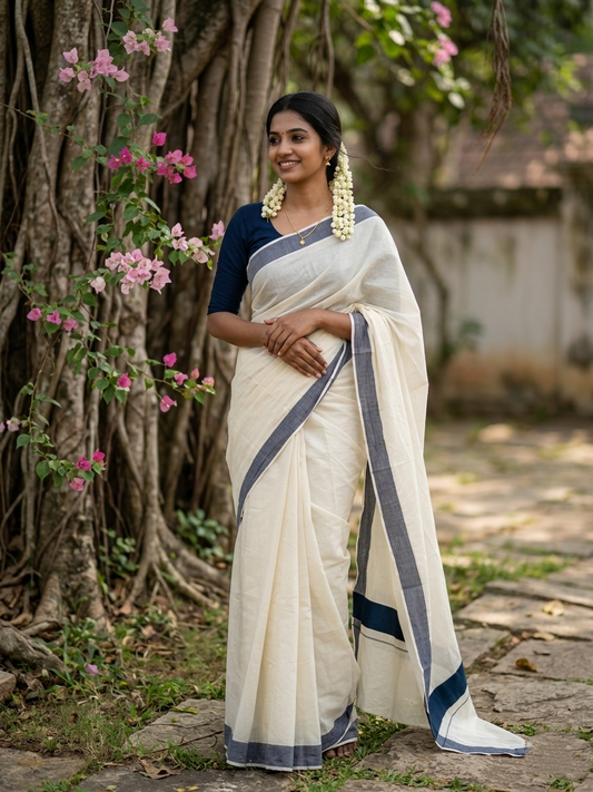 Southloom Kerala Pure Cotton Plain Kasavu Saree with Dark Blue Border