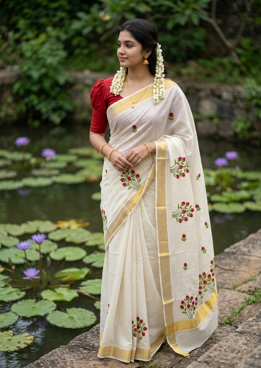 Southloom Kerala Cotton Kasavu Stripes Saree with Floral Embroidery Design in Red And Green