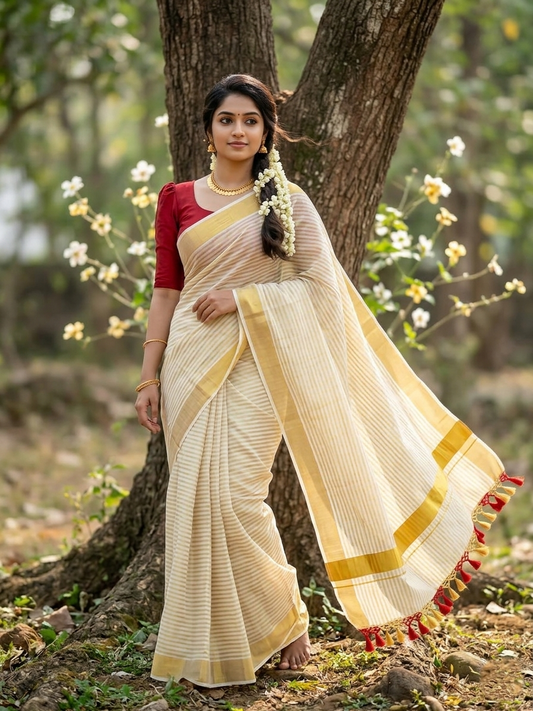 Southloom Kerala Cotton Kasavu Saree with Golden Stripes on Body with Tussels