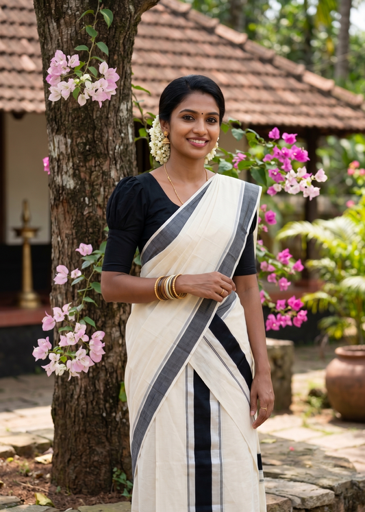 Southloom Kerala Cotton Mundum Neriyathum Single (Set Mundu) with Katti Kara in Black 2.80 Mtrs SL004