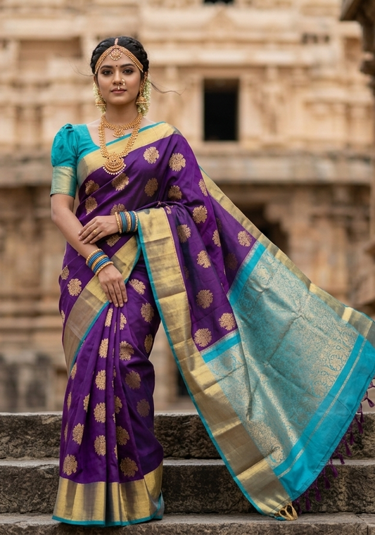 Southloom Pure Handloom Kanchipuram Silk Saree with Korvai Work(Gold & Violet)