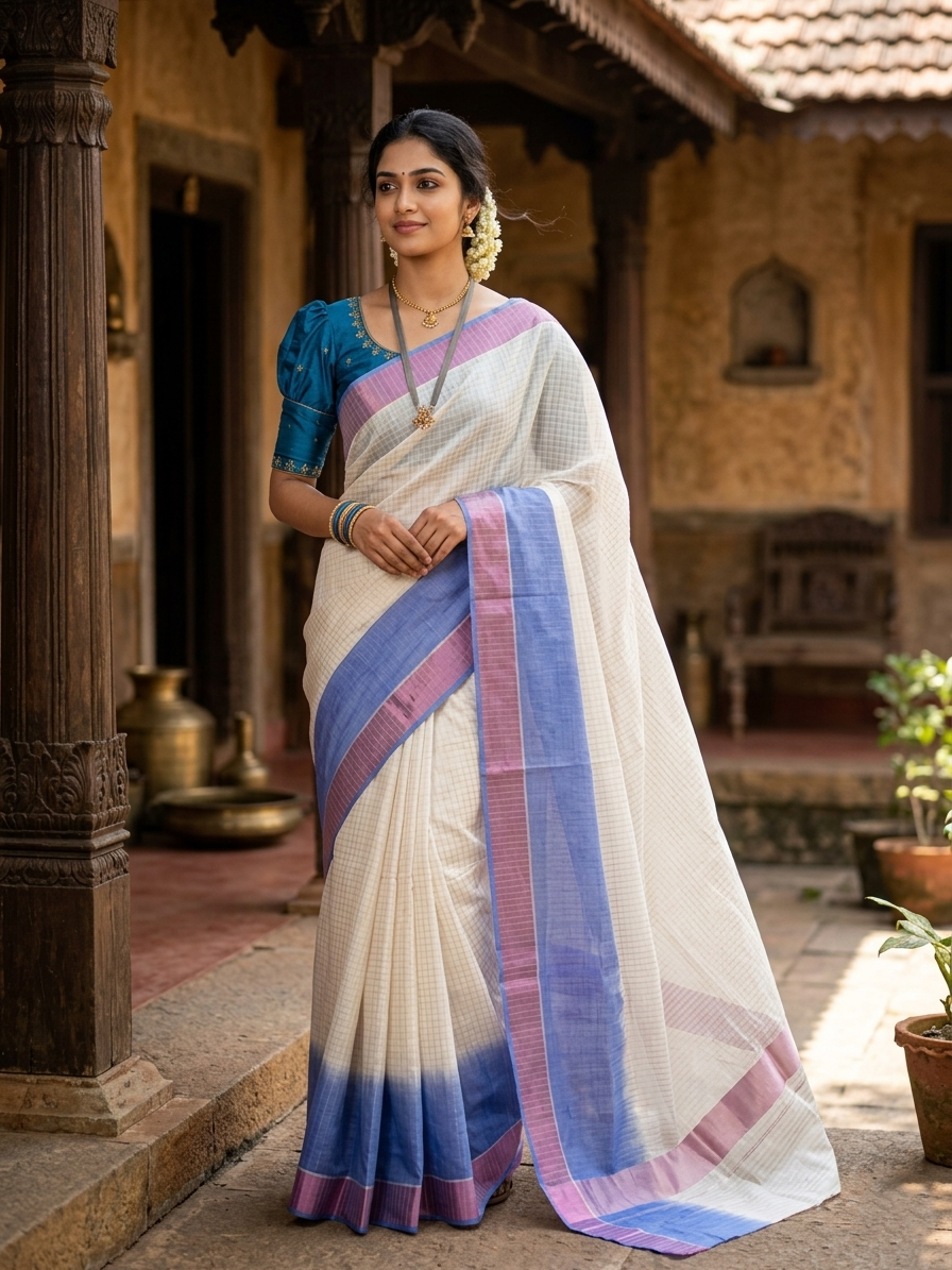 Southloom Tie and Dye Rose Kasavu Lines Saree in Blue SL264